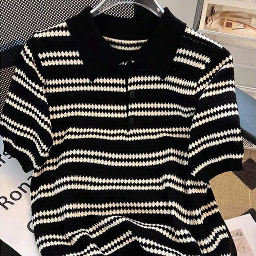 Black and White Striped Polo Shirt